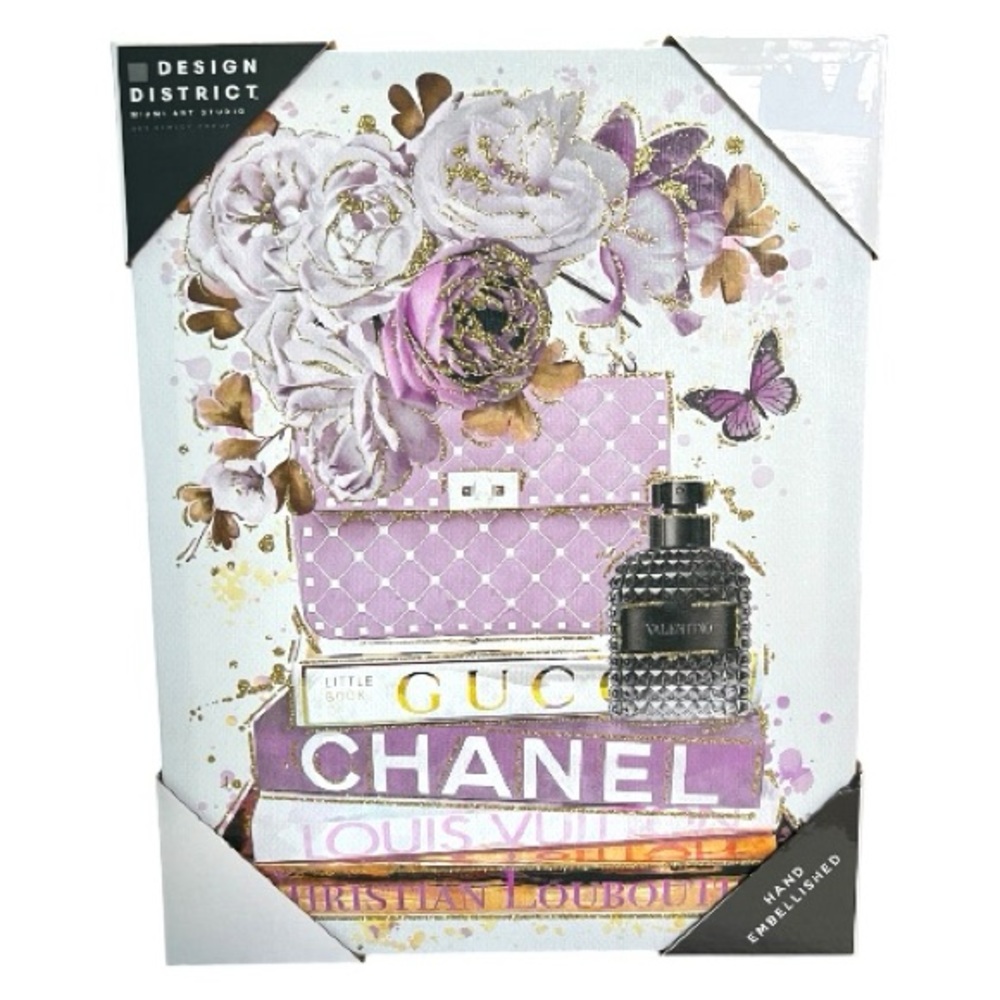Design District Purple Purse on Luxury Fashion Books Floral Canvas Wall Art